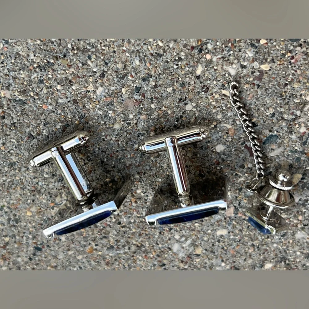 🔹Vintage Set of Genuine Sodalite Cufflinks & Matching Tie Tack — Blue / Silver